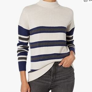 Pendleton Women's Cream Blue Grey Stripe Merino Wool Mock Neck Sweater